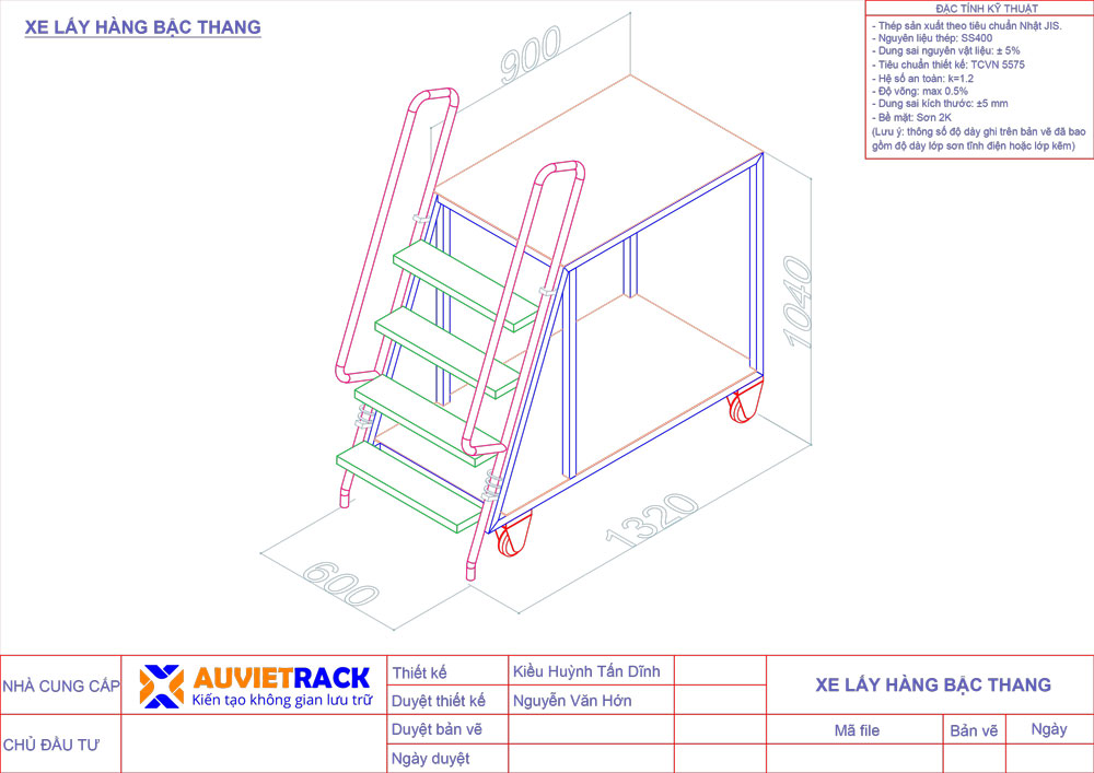 Bản vẽ 3D xe lấy hàng bậc thang - Au Viet RacK